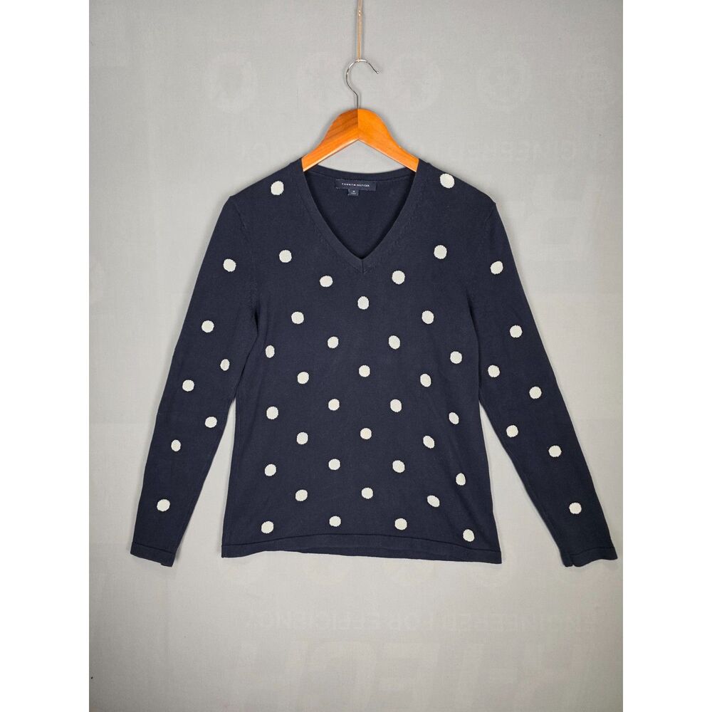 Tommy Hilfinger Navy Polka Dot Knit Sweater Medium Preppy Cotton Preppy